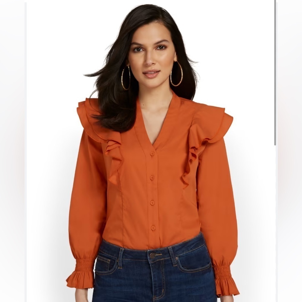 NY & CO XXL Ruffle Poplin Orange Long Sleeve Blouse P2P 24" Full length 27"
